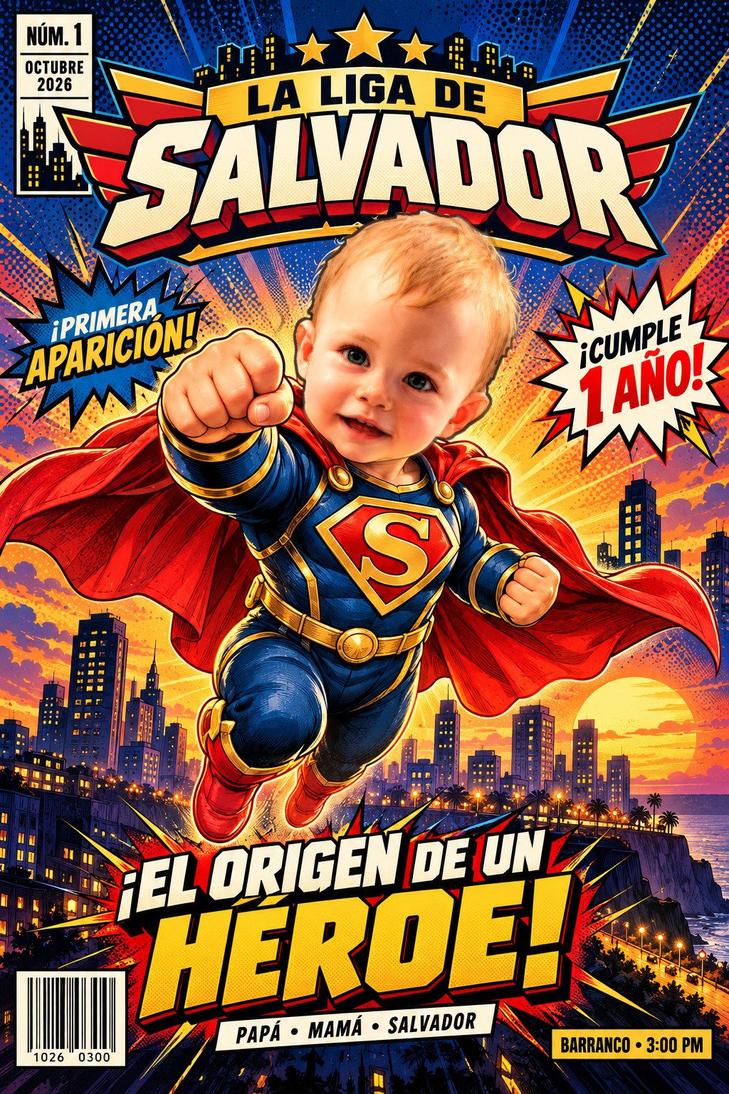 Portada: Salvador volando con su capa roja sobre Barranco.